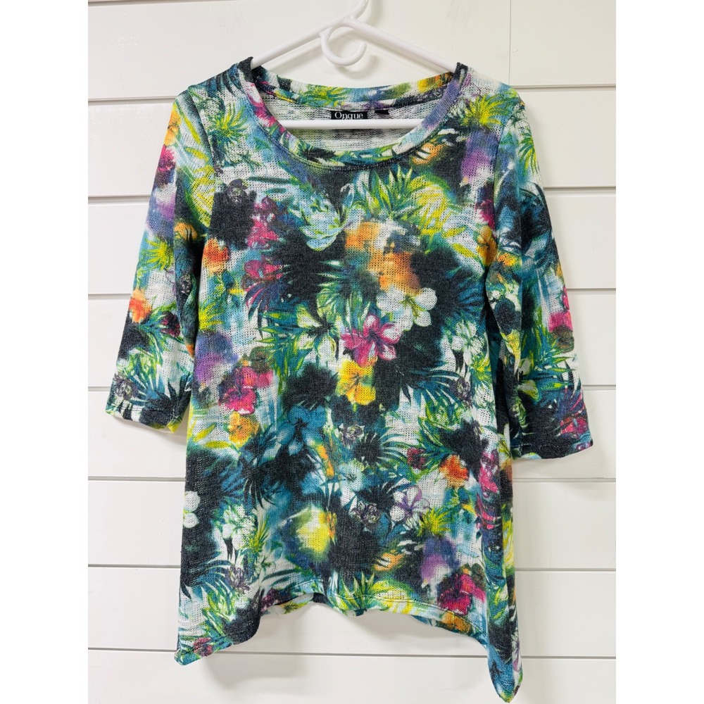 Onque Casual Womens Medium Tropical Floral Knit Top 3/4 Sleeve Sharkbite Hem